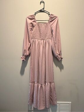 Smocked Long Sleeve Maxi Dress in Dusty Pink